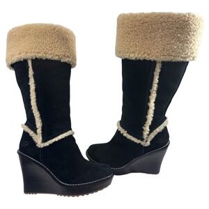 UGG Australia Aubrie Black Shearling Wedge Sheepskin Tall Boots Women's Size 5